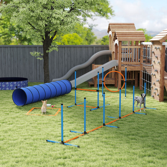 PawHut Dog Agility Equipment, 8PCS Agility Training Set with Tunnel, Weave Poles, Adjustable Hurdles, Jump Ring