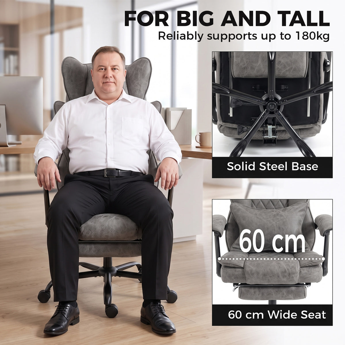 HOMCOM Executive Office Chair, Leathaire Big and Tall Office Chair 180 kg with Wide Seat, Reclining, Lumbar Support, Grey