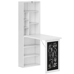 HOMCOM Wall Mounted Computer Desk, Folding Study Table with Black Board and Bookshelf, Multifunctional Floating Writing Desk for Home Office, White