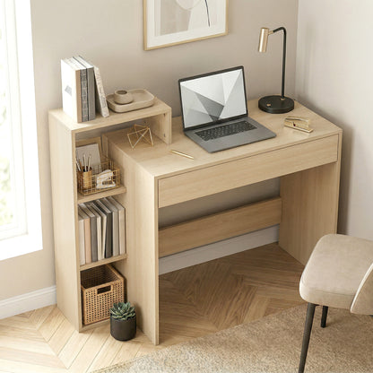 HOMCOM Desk with Storage, Computer Desk with 3 Open Shelves and Drawer, Workstation, Computer Table, Natural