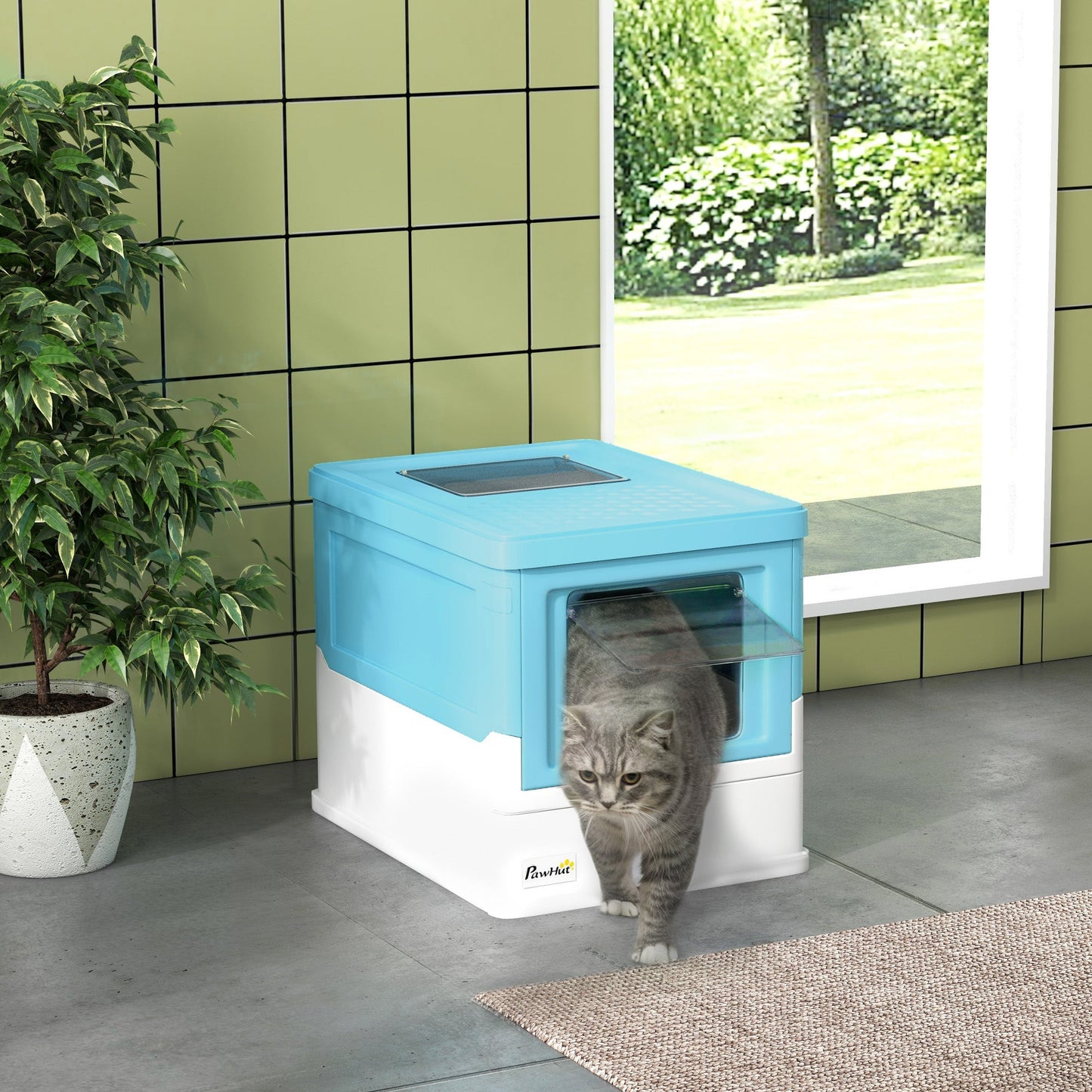 PawHut Hooded Cat Litter Box, Portable Pet Toilet, with Scoop, Front Entry - Light Blue