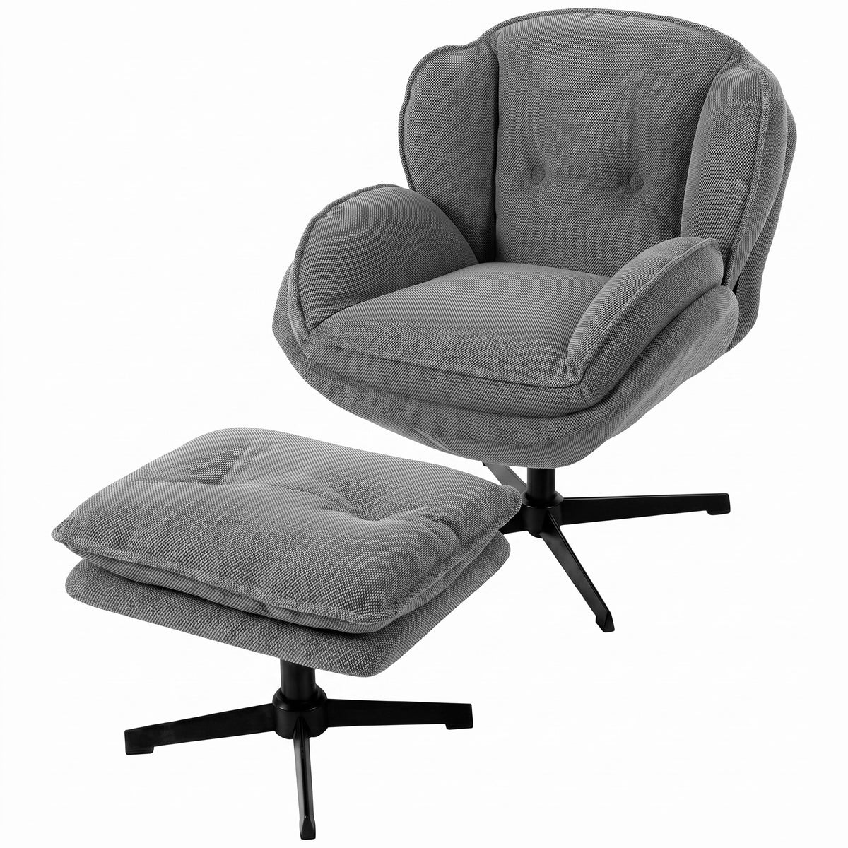 HOMCOM Armchair with Adjustable Footstool, 360-Degree Swivel Chenille Cloud Accent Chair with Thick Cushion, Steel Base, Grey