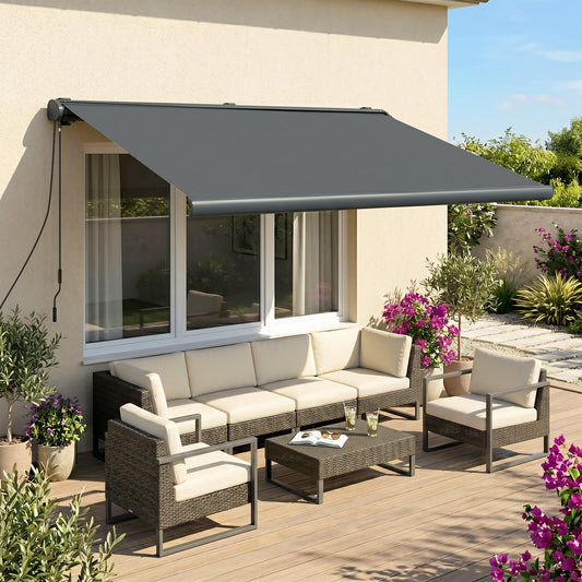 Outsunny 4 x 3(m) Full Cassette Electric Awning with Remote Controller, Aluminium Frame DIY Retractable Garden Awning, UPF50+ Sun Shade Canopy for Deck Door Window, Dark Grey