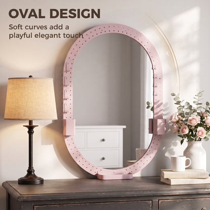 HOMCOM Oval Wall Mirror, 60 x 90 cm Decorative Hanging Mirror with Pegboard Frame, Wall-Mounted, Pink