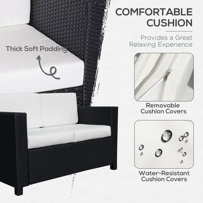 Outsunny Rattan Sofa, 2 Seater Garden Furniture with Soft Padded Cushion and Armrests, Wicker Garden Loveseat for Patio, Black
