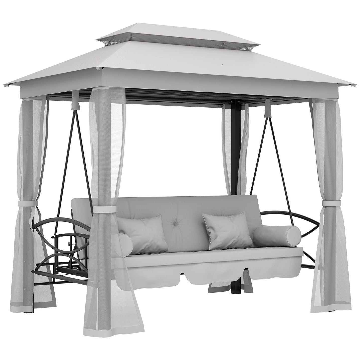 Outsunny 3 Seater Convertible Swing Chair, Outdoor Gazebo Swing Seat Bed with Double Tier Canopy, Cushioned Seat, Mesh Sidewalls, Light Grey