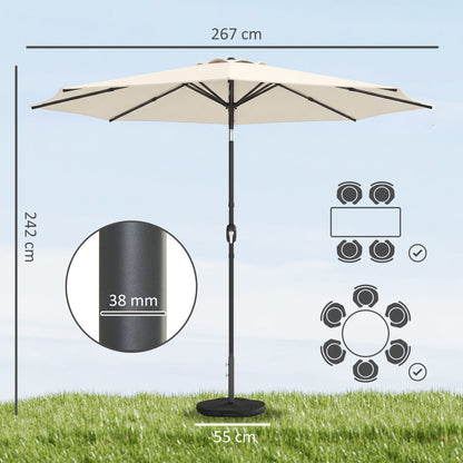 Outsunny 2.7 m Garden Parasol Umbrella with Cross Base and Sandbag, Retractable Ribs, Outdoor Table Market Umbrella, Cream White