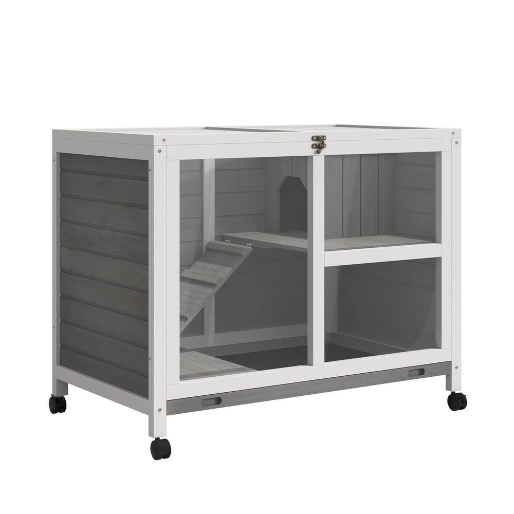 PawHut Wooden Rabbit Hutch Indoor with Wheels, Openable Roof, 91.5 x 53.3 x 73 cm, Grey