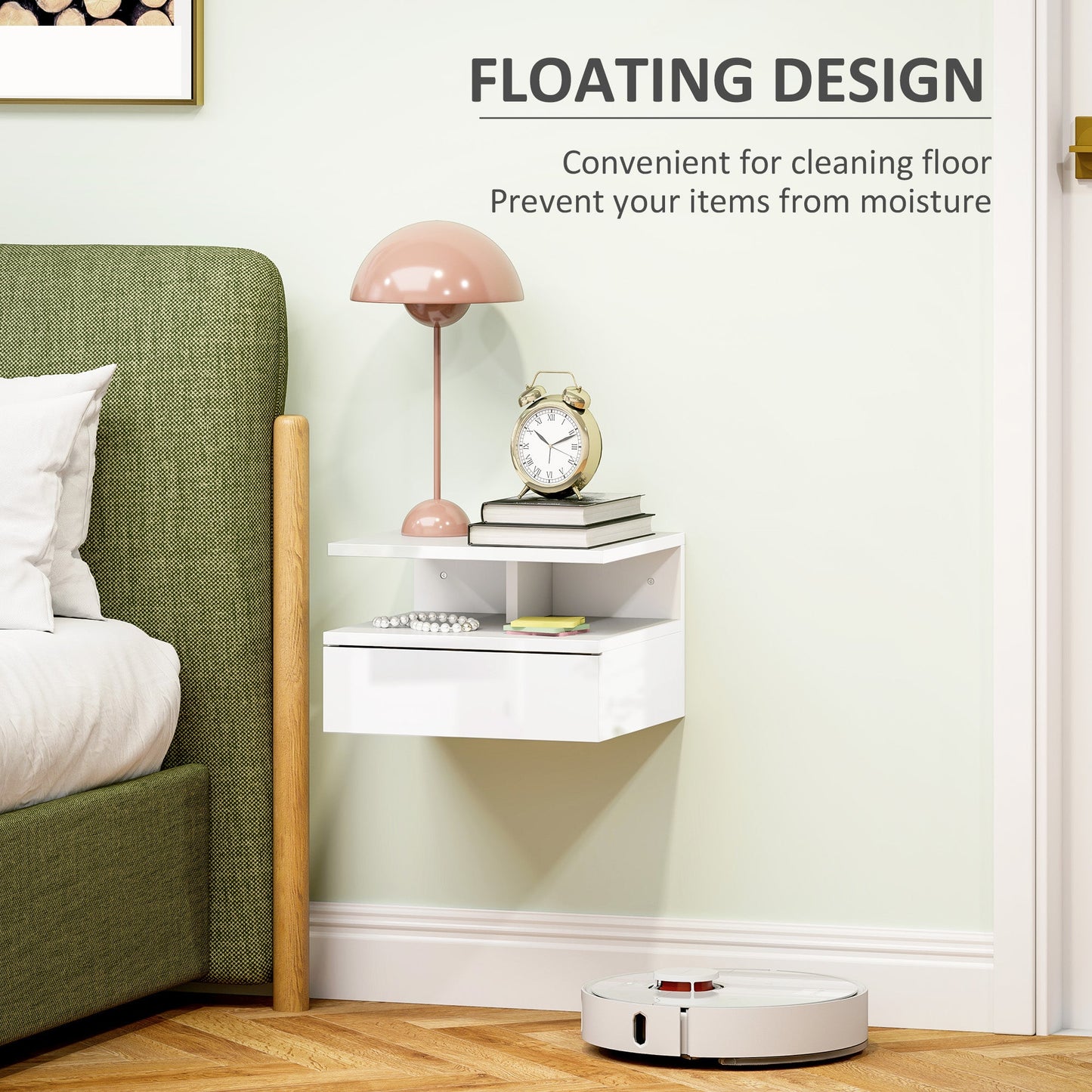 HOMCOM Floating High Gloss Bedside Table - High Gloss White