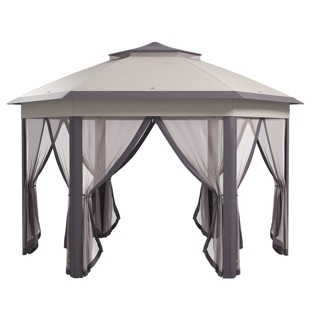 Outsunny 3 x 4m Garden Gazebo Hexagon Pop Up Gazebo Party Tent Canopy Double Roof Instant Shelter with Netting and Carry Bag for Outdoor Patio, Beige