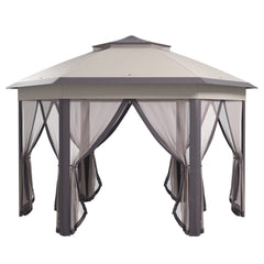 Outsunny 3 x 4m Garden Gazebo Hexagon Pop Up Gazebo Party Tent Canopy Double Roof Instant Shelter with Netting and Carry Bag for Outdoor Patio, Beige