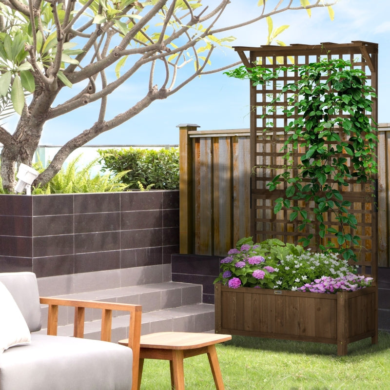 Wood Planter With Trellis For Vine Climbing- Coffee