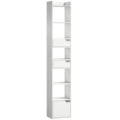 HOMCOM Bookcase Tall Narrow with 5 Tiers and Drawers Freestanding Bookshelf Storage Cabinet for Living Room White Wood Effect