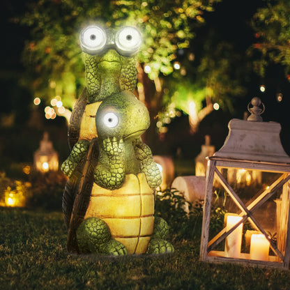 Vivid 2 Tortoises Garden Statue with Solar LED Light, Outdoor Ornament Art Sculpture Home Decoration for Porch, Deck, Grass