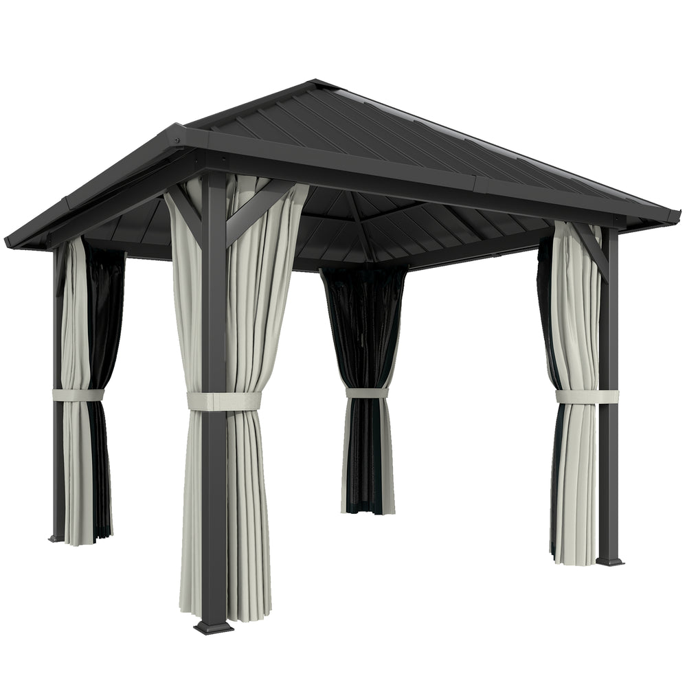 Outsunny 3 x 3(m) Hardtop Gazebo with Galvanised Steel Roof and Water Gutter, Waterproof Permanent Pavilion Garden Gazebo with Netting and Curtains for Patio, Deck, Black
