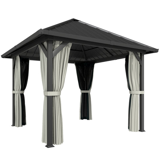 Outsunny 3 x 3(m) Hardtop Gazebo with Galvanised Steel Roof and Water Gutter, Waterproof Permanent Pavilion Garden Gazebo with Netting and Curtains for Patio, Deck, Black