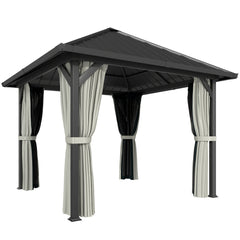 Outsunny 3 x 3(m) Hardtop Gazebo with Galvanised Steel Roof and Water Gutter, Waterproof Permanent Pavilion Garden Gazebo with Netting and Curtains for Patio, Deck, Black