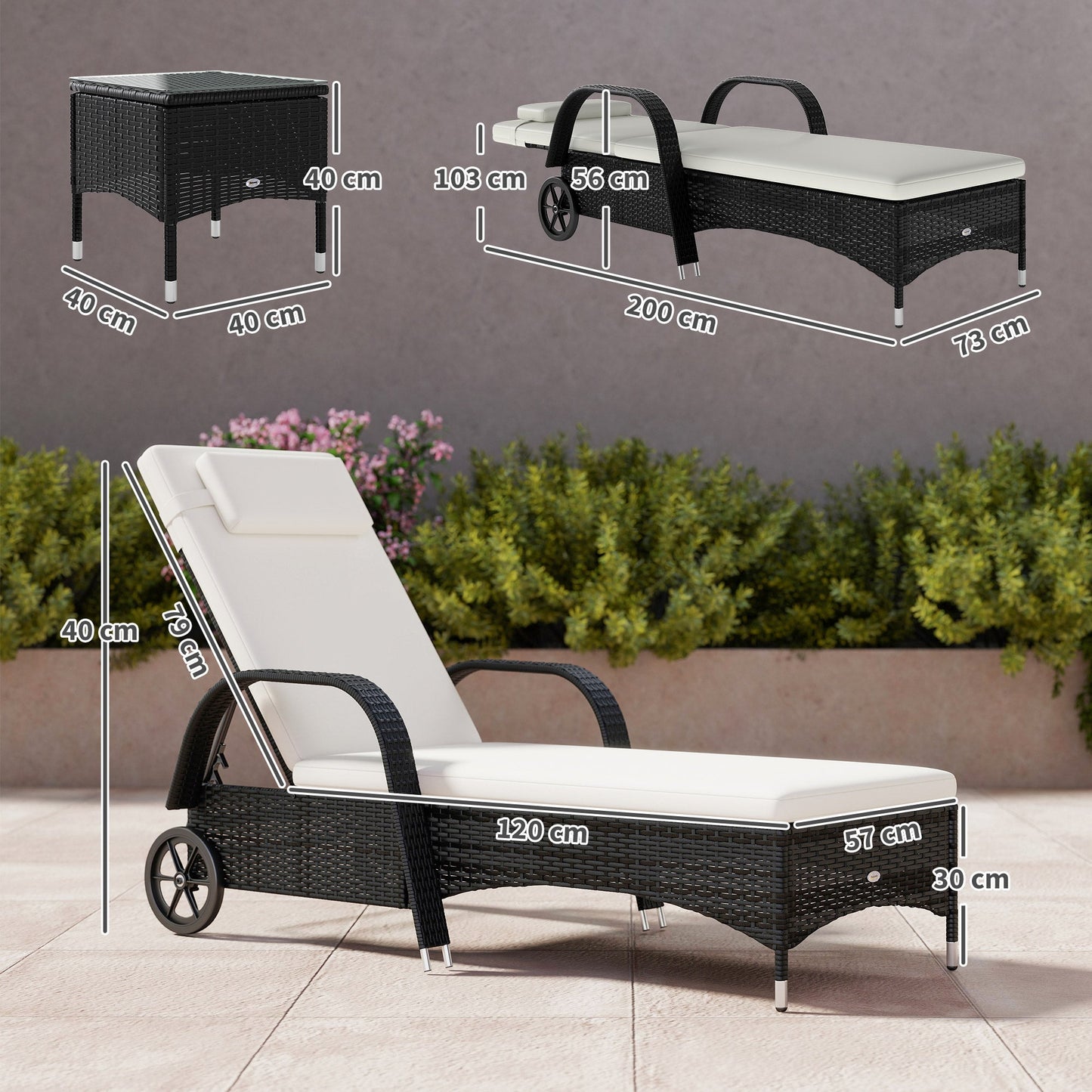 Outsunny 2 Seater Rattan Sun Lounger Set with Side Table Black