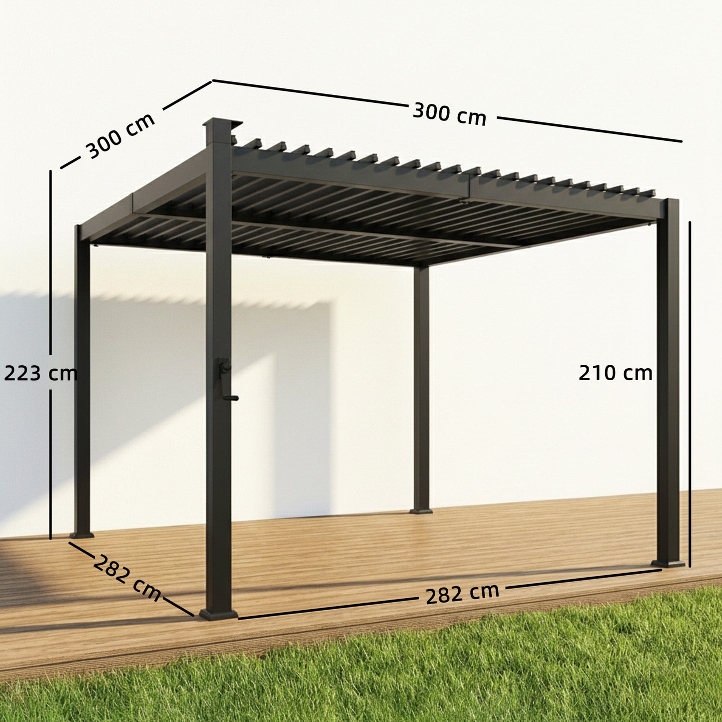Outsunny 3 x 3 m Louvered Pergola with Solar LED lights, Metal Roof, Patio Gazebo Pergola Canopy with Drainage Gutters, Black
