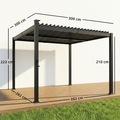 Outsunny 3 x 3 m Louvered Pergola with Solar LED lights, Metal Roof, Patio Gazebo Pergola Canopy with Drainage Gutters, Black