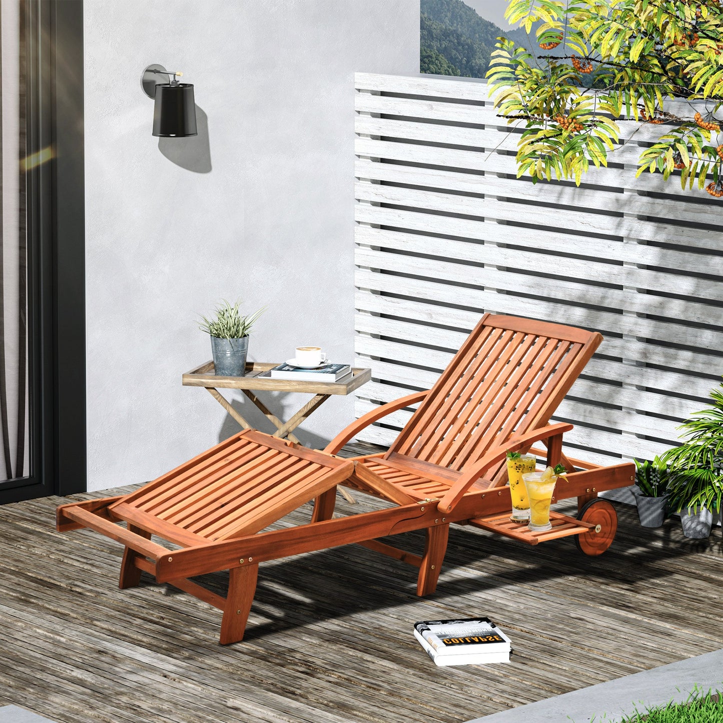 Outsunny Folding Wooden Sun Lounger, 4-Level Adjustable Garden Lounger Recliner with Side Tray and Wheels, Outdoor Reclining Sunbed with Slatted Seat and Armrests for Patio, Terrace, Teak