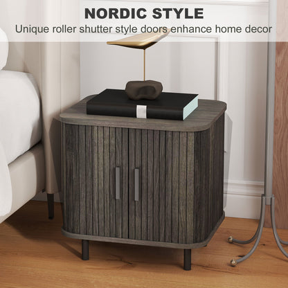 HOMCOM Nightstand with Sliding Doors and Metal Legs Grey