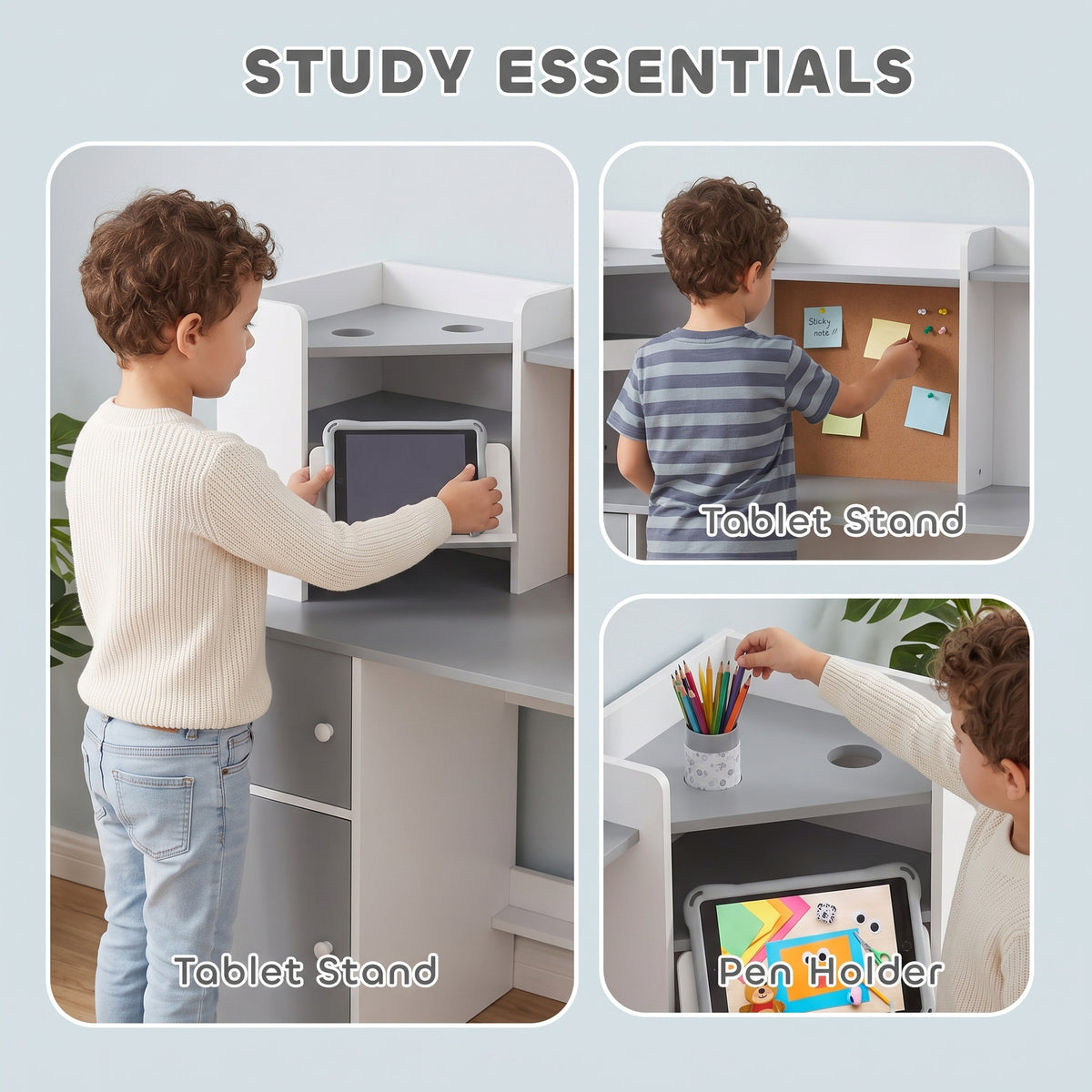 AIYAPLAY Kids Desk and Chair Set Storage Shelves Kids Desk Adjustable Tablet Stand Cork Board Pen Holder Grey