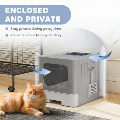 PawHut Foldable Cat Litter Box with Lid, Slide-Out Drawer, Scoop, Easy Clean, Odour Control, Anti-Splashing, Grey