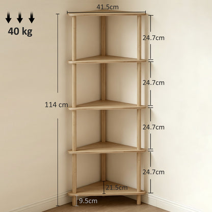 HOMCOM Bamboo Storage Shelf, 5-tier Corner Shelf, Freestanding Shelving Unit for Living Room, Home Office, Natural Wood Finish