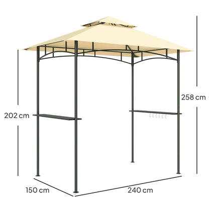 Outsunny 8' x 5' Grill Gazebo, Double Tiered BBQ Gazebo Shelter Canopy with LED Lights, 2 Side Shelves, Hooks, Beige