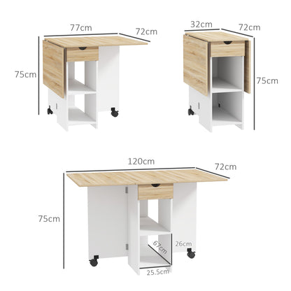 HOMCOM Folding Dining Table, Drop Leaf Table for Small Spaces, Foldable Table with Drawer and Storage Shelves for Kitchen, Dining Room, Oak