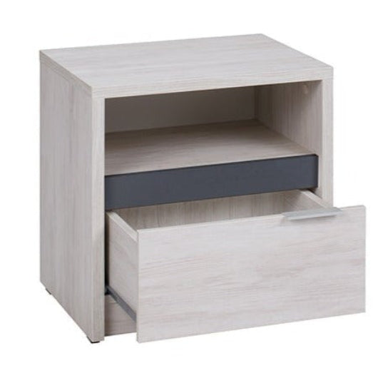 Light gray nightstand with a drawer and open shelf on a white background