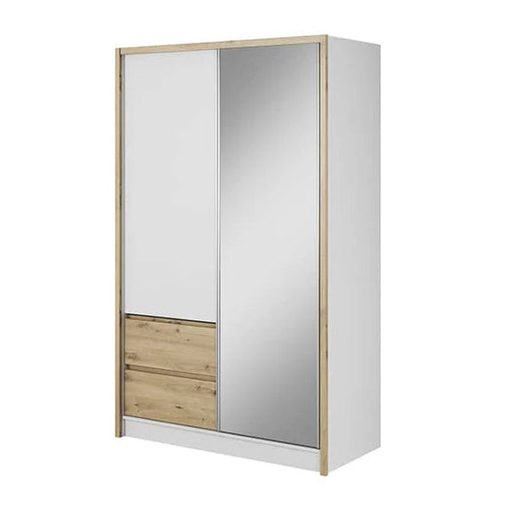 White wardrobe with wooden accents and a mirror on a white background