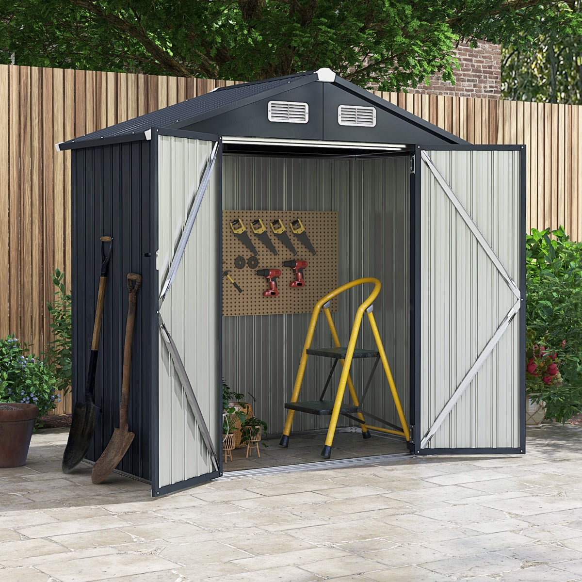 Galvanized Metal Tool House with 4 Vents and Lockable Doors-Dark Grey