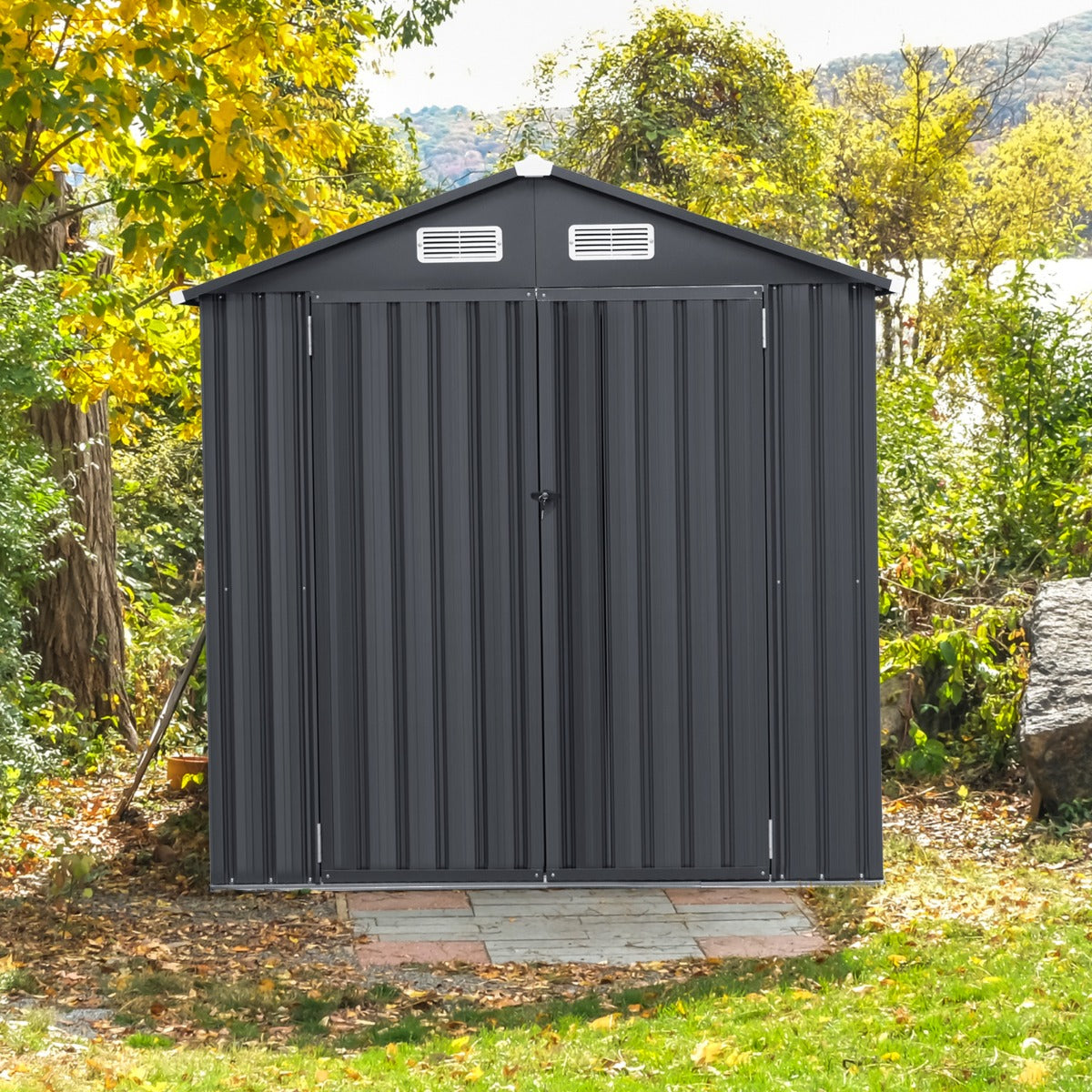 Galvanized Metal Tool House with 4 Vents and Lockable Doors-Dark Grey