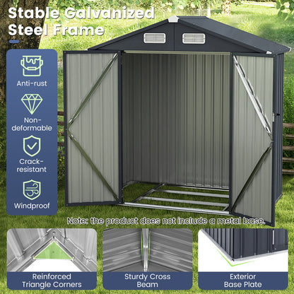 Galvanized Metal Tool House with 4 Vents and Lockable Doors-Dark Grey