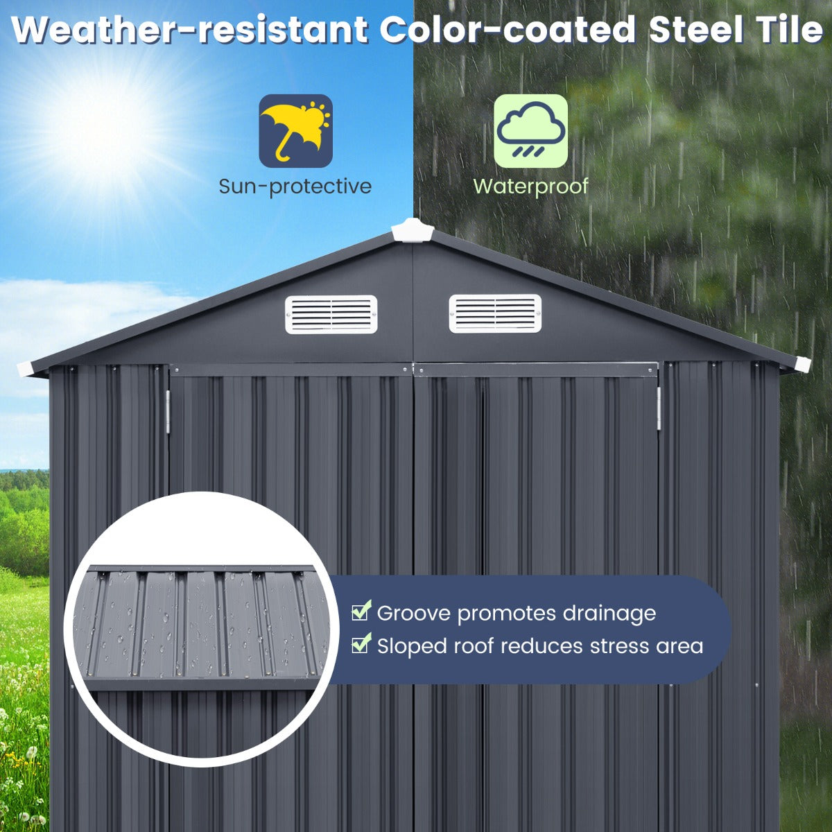 Galvanized Metal Tool House with 4 Vents and Lockable Doors-Dark Grey