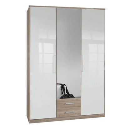 GEMA 3 Door Mirrored Wardrobe Oak and White Gloss 135cm