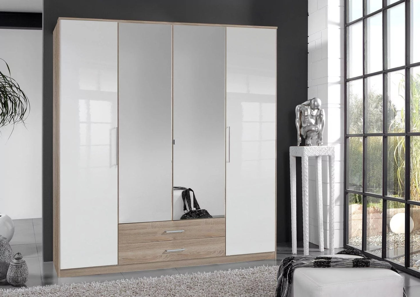 Gema 4 Door 2 Drawer Mirrored Wardrobe - Oak and White Gloss