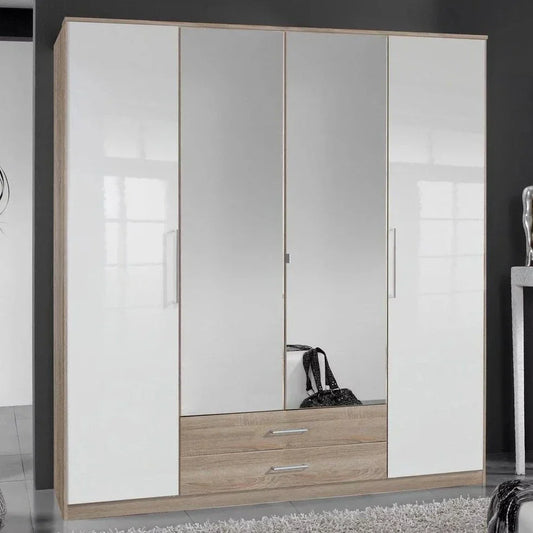 GEMA 4 Door Mirrored Wardrobe Oak and White Gloss 180cm