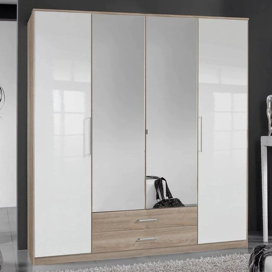 Daniel 4 Door Large Wardrobe with Mirror - White Gloss And Oak Effect