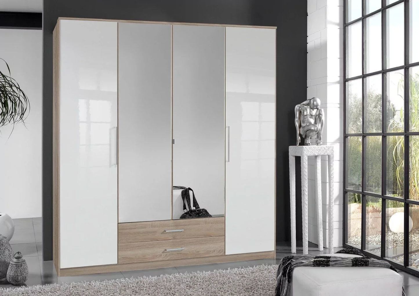 GEMA 4 Door Mirrored Wardrobe Oak and White Gloss 180cm