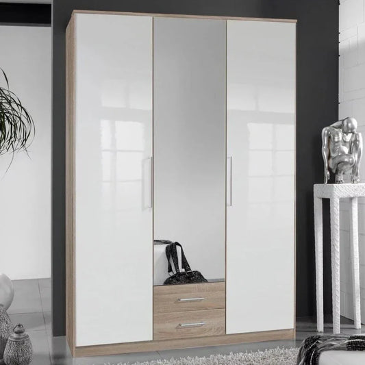 GEMA 3 Door Mirrored Wardrobe Oak and White Gloss 135cm