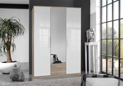 GEMA 3 Door Mirrored Wardrobe Oak and White Gloss 135cm