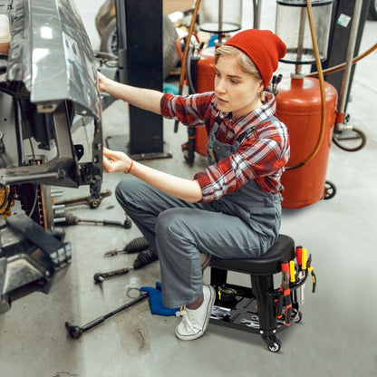 Rolling Workshop Stool with Storage Removable Mechanic Seat with Equipment Tray Tool Holder Load 136 kg Black