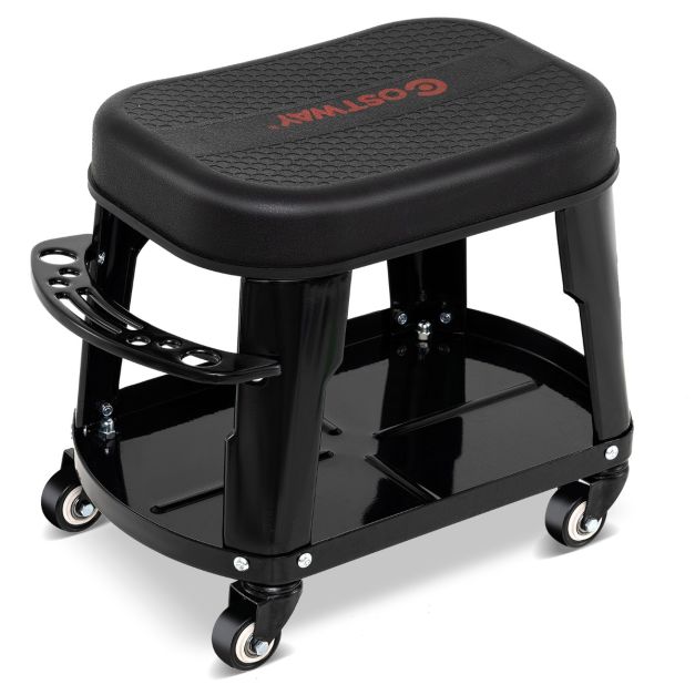 Rolling Workshop Stool with Storage Removable Mechanic Seat with Equipment Tray Tool Holder Load 136 kg Black