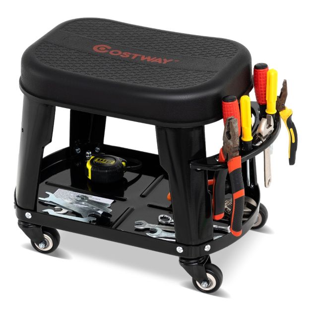 Rolling Workshop Stool with Storage Removable Mechanic Seat with Equipment Tray Tool Holder Load 136 kg Black