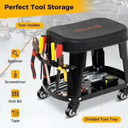 Rolling Workshop Stool with Storage Removable Mechanic Seat with Equipment Tray Tool Holder Load 136 kg Black