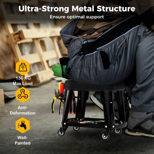 Rolling Workshop Stool with Storage Removable Mechanic Seat with Equipment Tray Tool Holder Load 136 kg Black