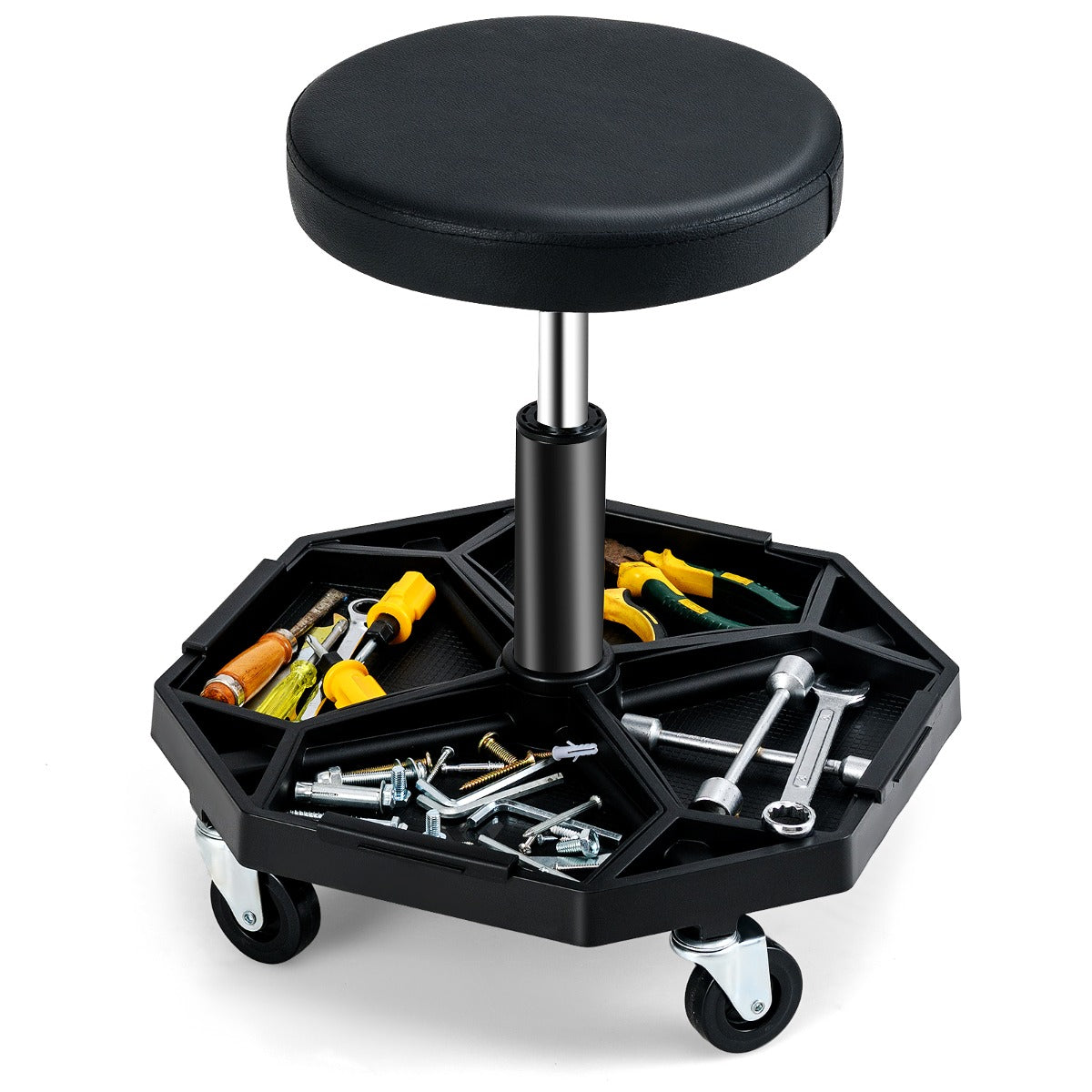 Garage Workshop Creeper Seat with Padded Seat and Tool Tray-Black